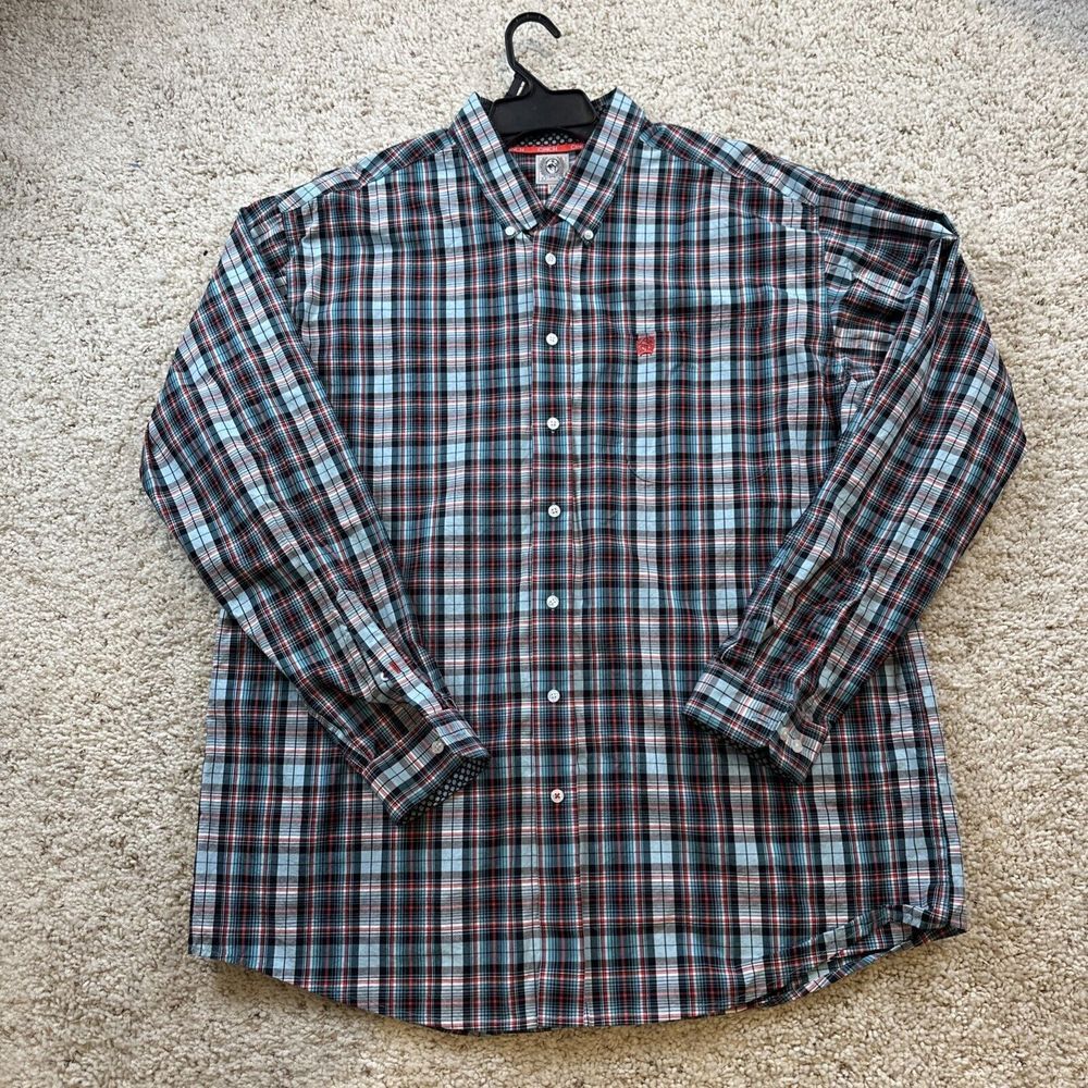 Cinch Western Shirt Mens XL Red Blue‎ Plaid Long Sleeve Flip Cuff Button Up